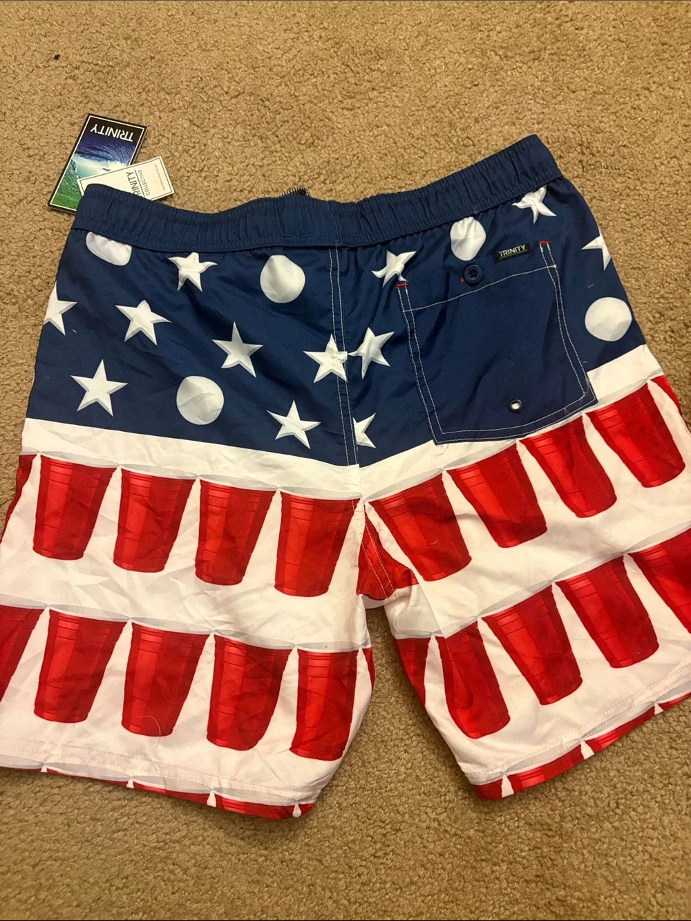 Trinity Men’s Red White & Blue Stars & Cups Swim Trunks
